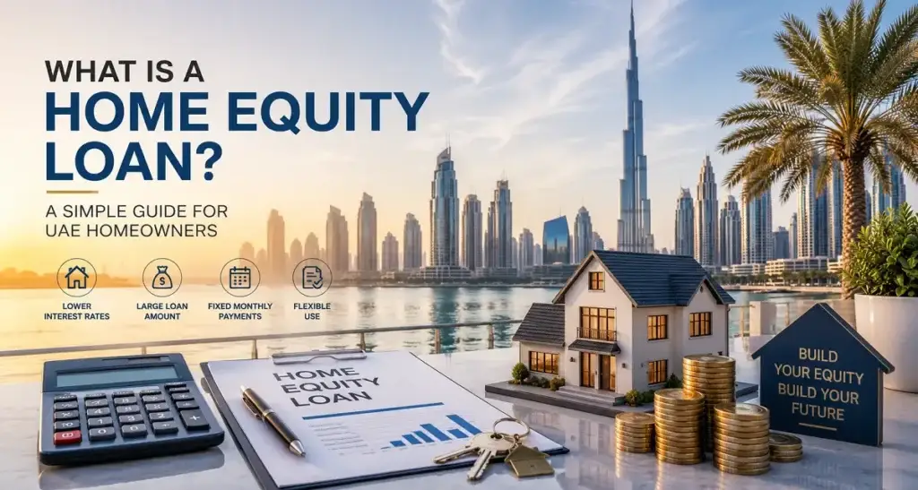 home Equity Loan in UAE - Professional female financial advisor consulting with a local Emirati couple in a modern Dubai office, with a view of the skyline and a tablet displaying loan options.